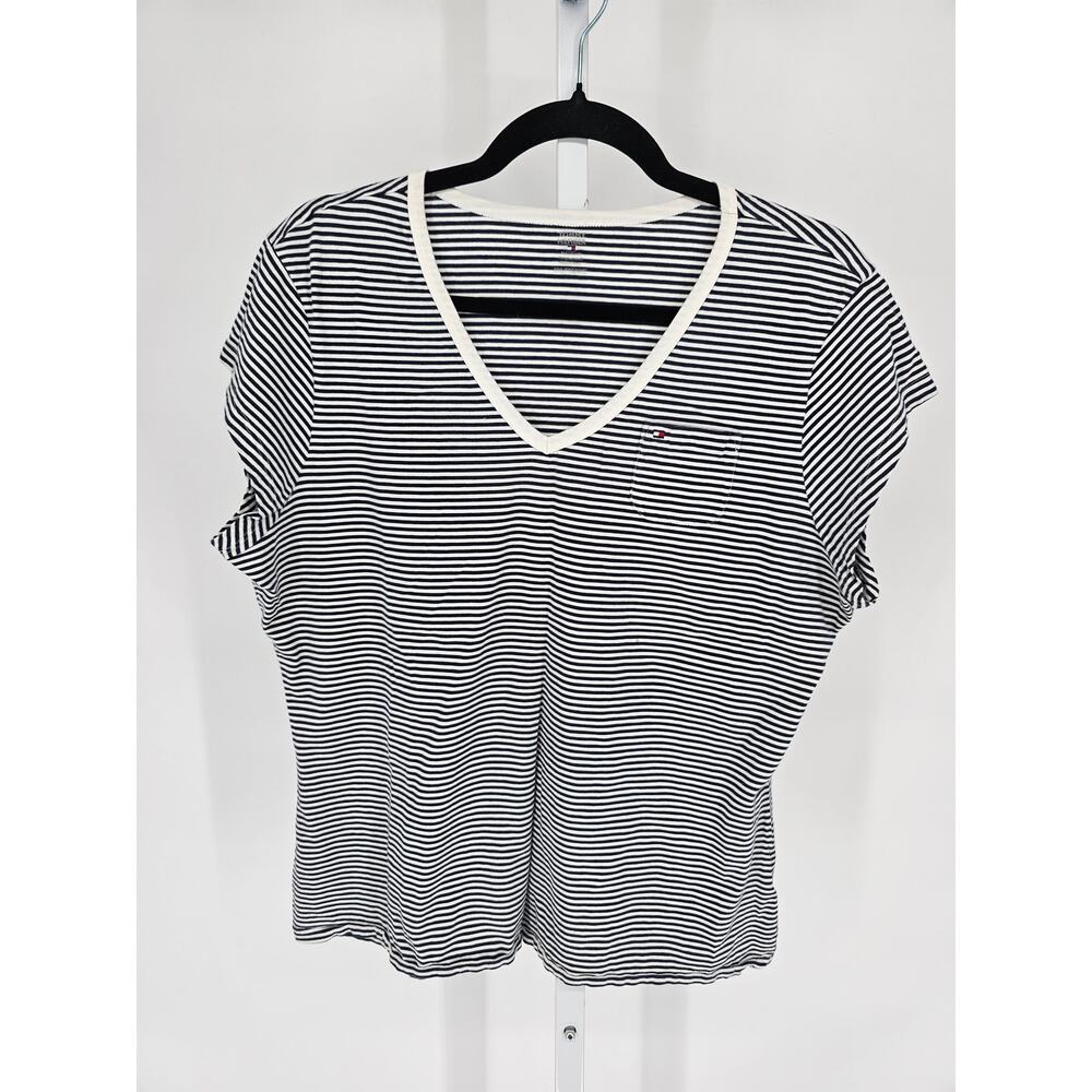 Vintage Y2K Tommy Hilfiger Womens Sz XXL Short Sleeve V Neck T Shirt Striped